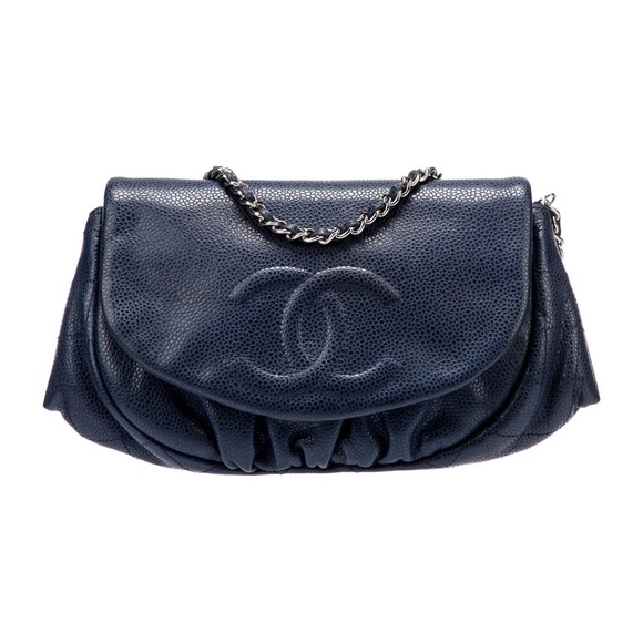 Chanel caviar leather navy blue half moon wallet on chain bag - Picture 1 of 16